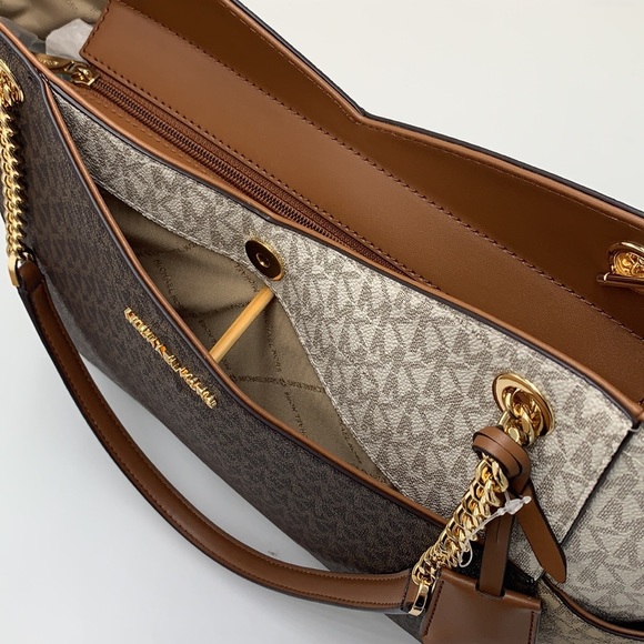 MICHAEL KORS LARGE X CHAIN SHOULDER TOTE BAG LUGGAGE / BROWN MULTI COLOR - Picture 13 of 16
